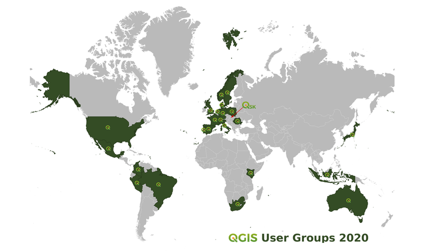Mapa 24 skupín používateľov QGIS vo svete, autor: Jana Michalková, zdroj podkladovej mapy: Natural Earth Data 2020